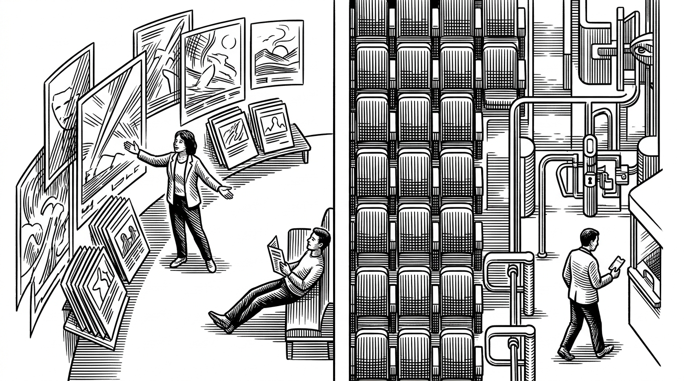 A split editorial scene showing two halves of a cinema interface. One side is airy and open, with posters, cards, and navigation. The other side is denser, with a locked seat grid and a payment corridor. The contrast explains how the app separates browsing from commitment.