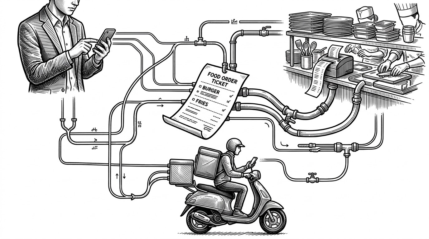 A central order ticket hangs in the middle of a dispatch network, with a customer, a restaurant prep station, and a delivery rider each linked to it by separate routing lines. The image explains how QuickBite coordinates a three-sided marketplace without turning realtime updates into a public broadcast.