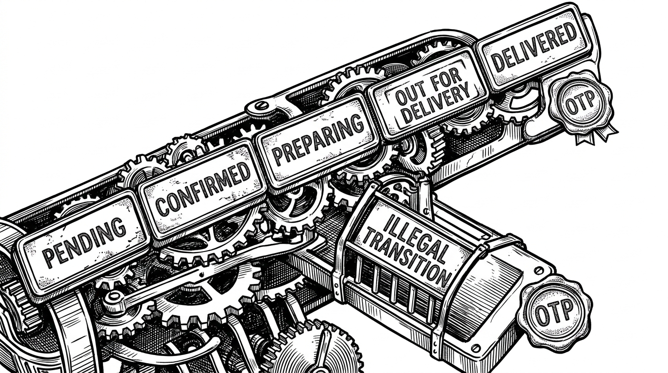 A close-up mechanical ledger shows a stamped order path moving through valid states from Pending to Confirmed to Preparing to Out for Delivery to Delivered. One side path is blocked by a metal gate labeled illegal transition, and a small OTP seal sits at the final handoff point. The image explains how QuickBite prevents impossible order flows.