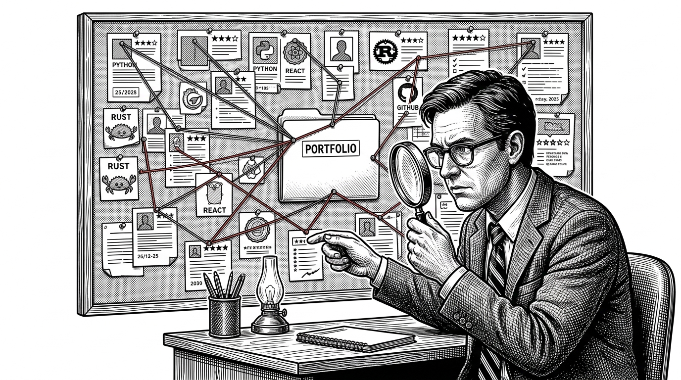 A recruiter studies a corkboard packed with developer artifacts, including project cards, tags, review marks, and profile notes. Thin strings connect the pieces into a discovery graph, showing how a portfolio can behave like a searchable talent system instead of a simple homepage.