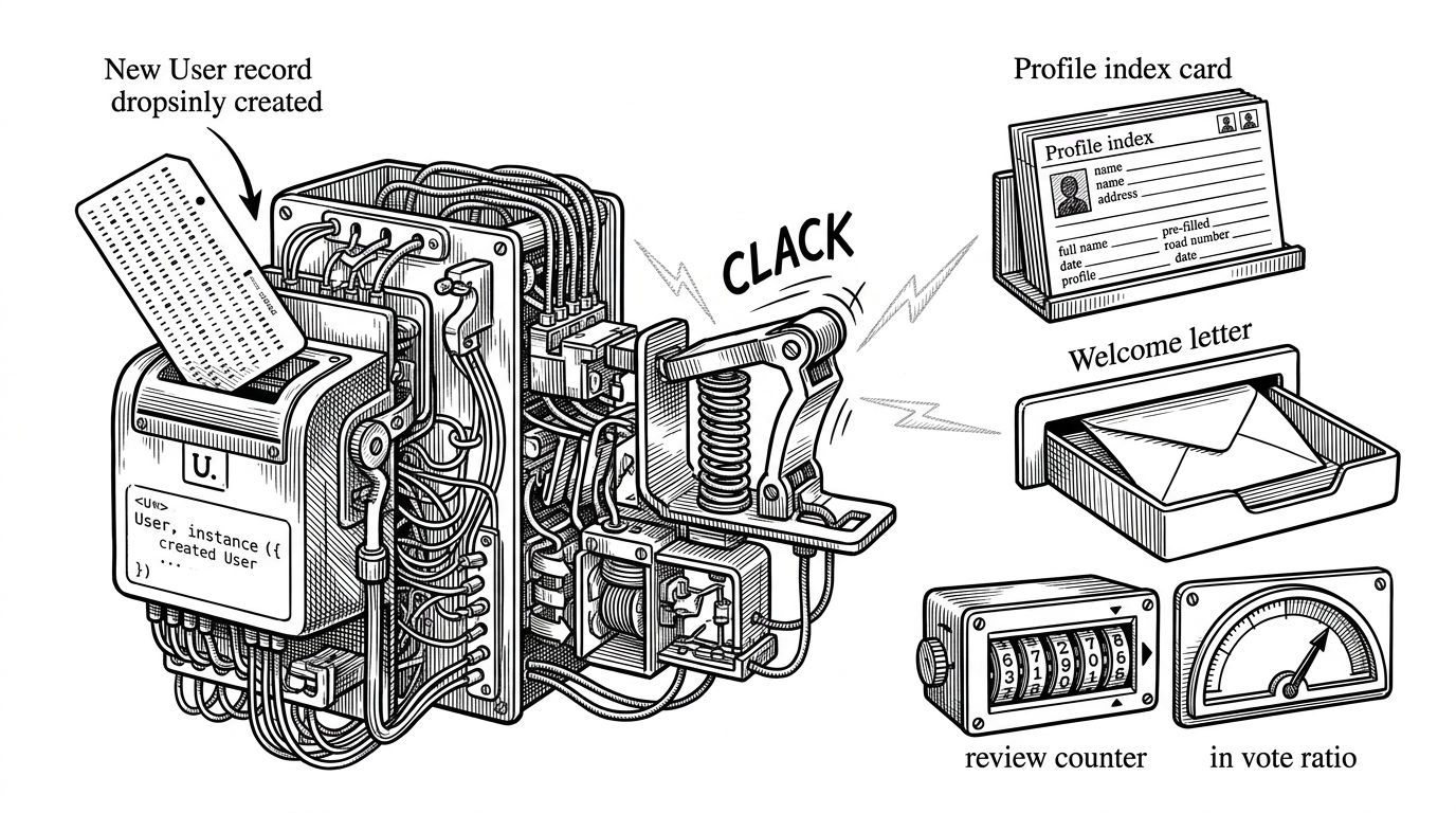 A close-up switchboard shows a new user record entering a Django system on the left, a signal relay firing in the middle, and a profile card appearing on the right while a welcome letter is sent. A small gauge below updates review counts and vote ratios in sync, explaining how lifecycle automation keeps the platform coherent.