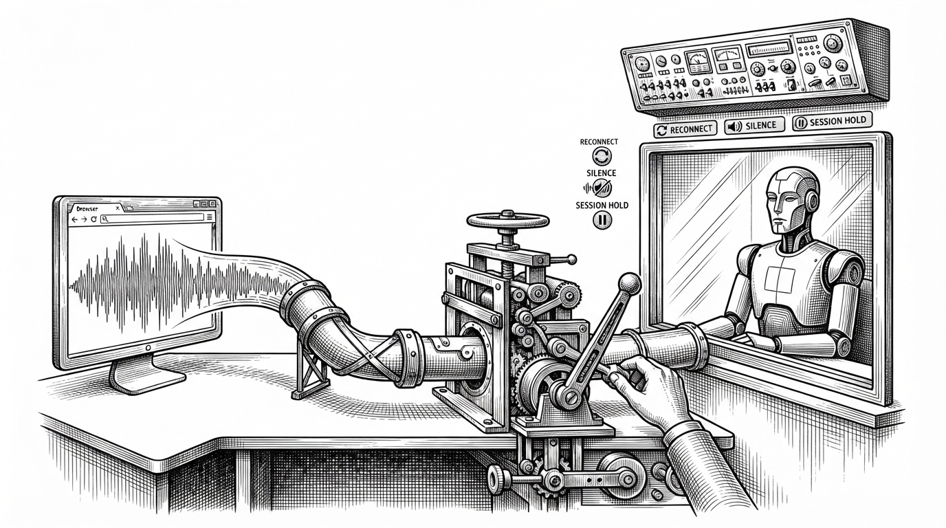 A recruiter’s desk reimagined as a controlled audio pipeline. Browser speech enters as a waveform through a narrow conduit, passes a valve-like gate, and reaches an AI interviewer behind a glass partition with status lights for reconnect, silence, and session hold. It explains the article’s core idea: the system surrounds the model with policy and transport controls.