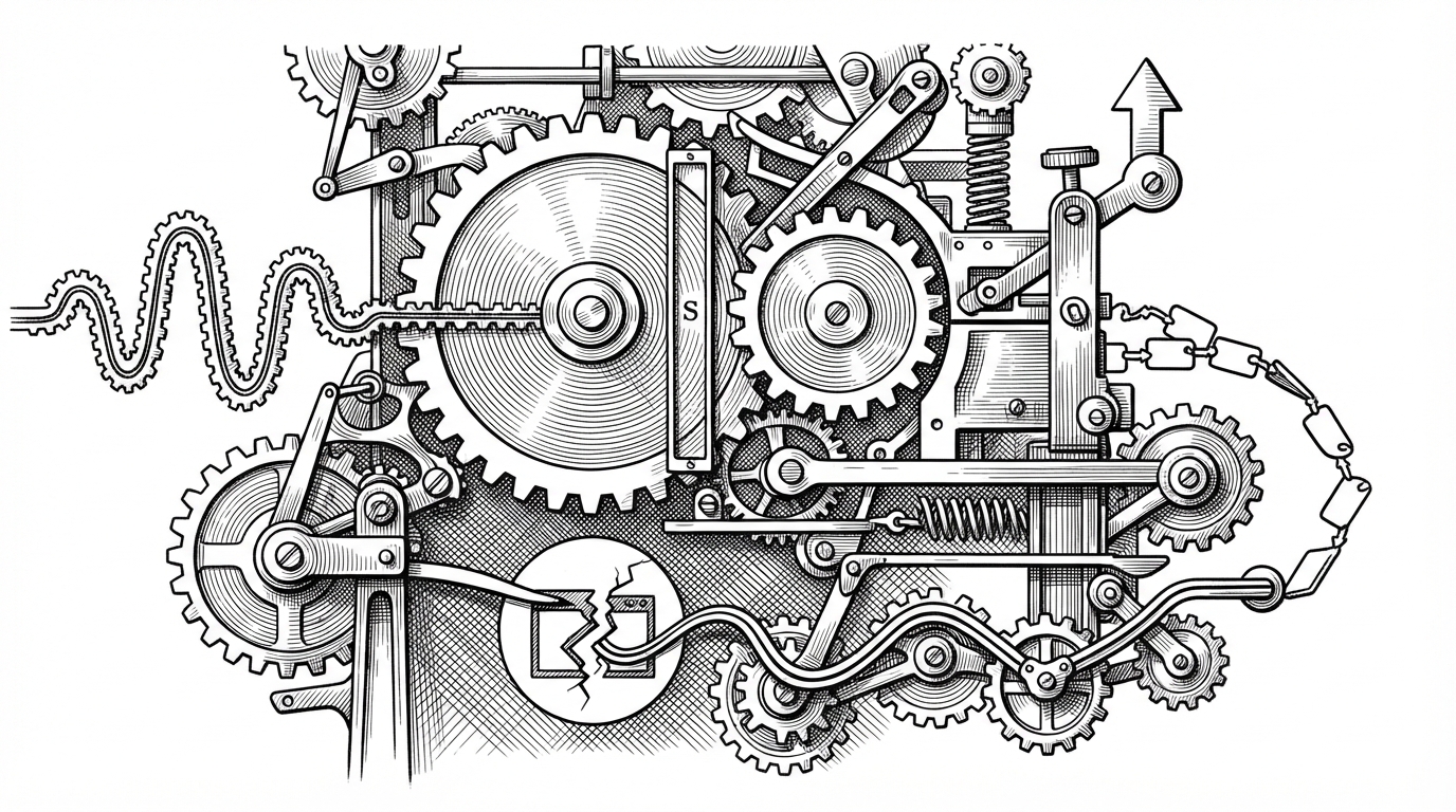 A close mechanical scene of speech timing. A candidate waveform approaches a threshold, a thin silent shim is inserted between two gears, and a model response gate unlocks only after that pause lands. A side path shows reconnect continuity bypassing a broken browser link. It explains how turn-taking is actively controlled instead of guessed.