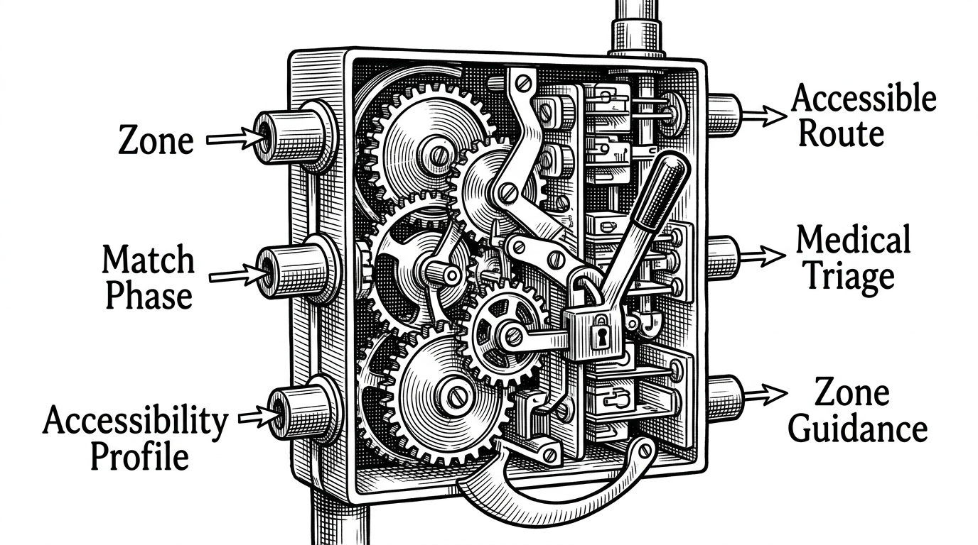 A close-up mechanical switchboard routes three labeled inputs, Zone, Match Phase, and Accessibility Profile, into a central core. One lever is locked into place, while output rails lead to accessible route, medical triage, and zone guidance, illustrating deterministic branching instead of probabilistic guesswork.