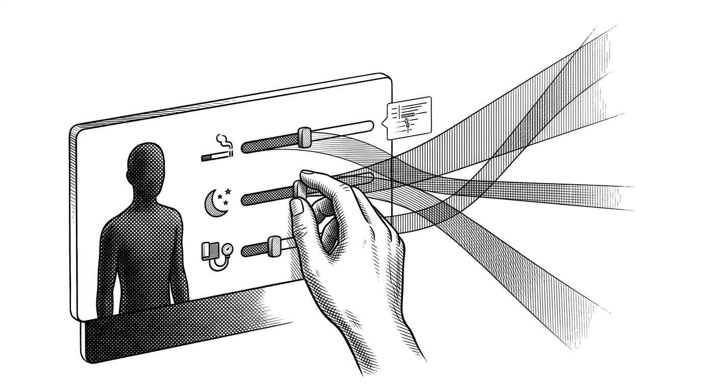 A close-up control panel shows a human silhouette beside sliders for smoking, sleep, and blood pressure. As each slider moves, translucent forecast bands shift into different future paths, showing how a digital twin can test what-if scenarios without altering the original record.