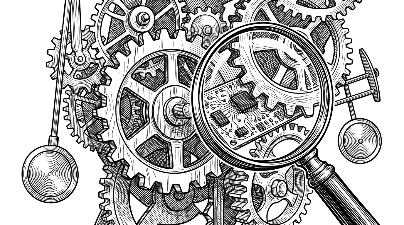 A massive clockwork mechanism representing the market, with a magnifying glass focused on a hidden circuit board inside a translucent gear.