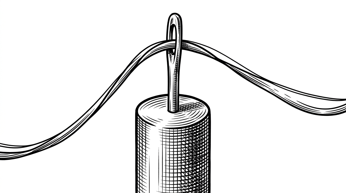 A close-up view of a candlestick chart where the wick is a needle being threaded by a glowing line.
