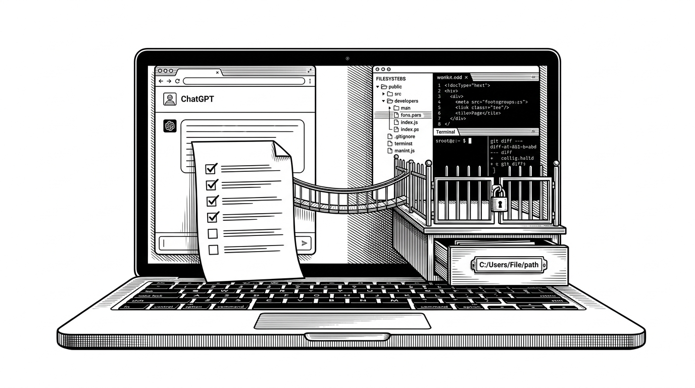 A wide scene shows a chat window on one side and a local workstation on the other, joined by a narrow controlled bridge. The chat side emits a checklist, while the workstation side keeps a file tree, terminal, and git diff behind a locked gate. It explains that CodexPro separates planning from execution instead of treating the browser as a trusted shell.