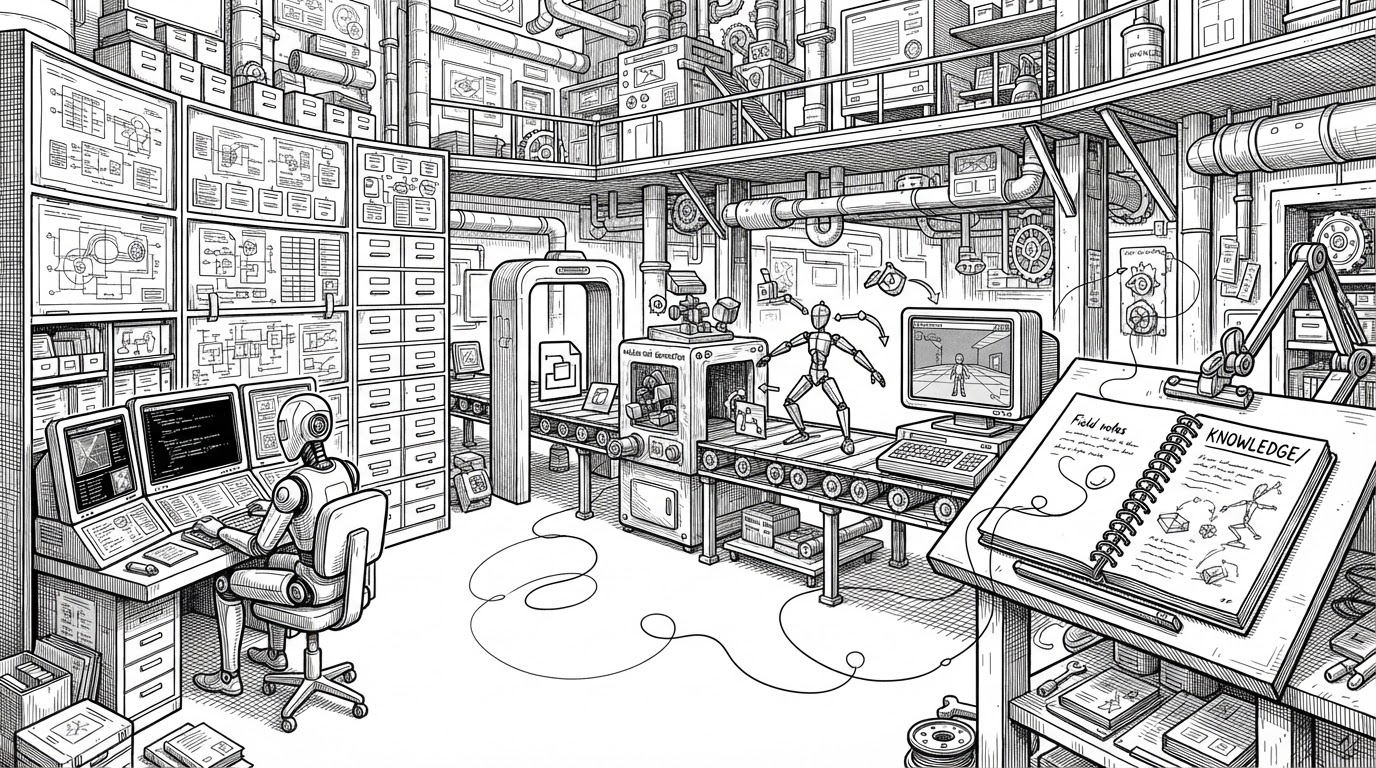 A wide workshop scene where an AI agent studies engine playbooks at a terminal, a game file travels through a scanner, an asset generator, a Blender rig, and a test monitor, then ends at a notebook labeled knowledge. The image explains the repo’s thesis: modding becomes a closed loop that learns from each run and feeds the next one.