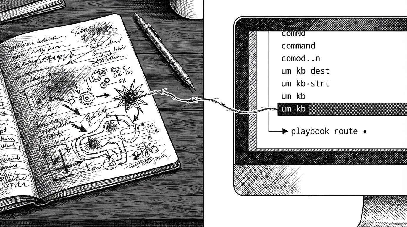 A close-up split workstation with a rough handwritten notebook page on one side and a clean command palette on the other. A thin thread connects a scribbled engine quirk to a reusable `um kb` route. The image explains how a fragile human note becomes machine memory.