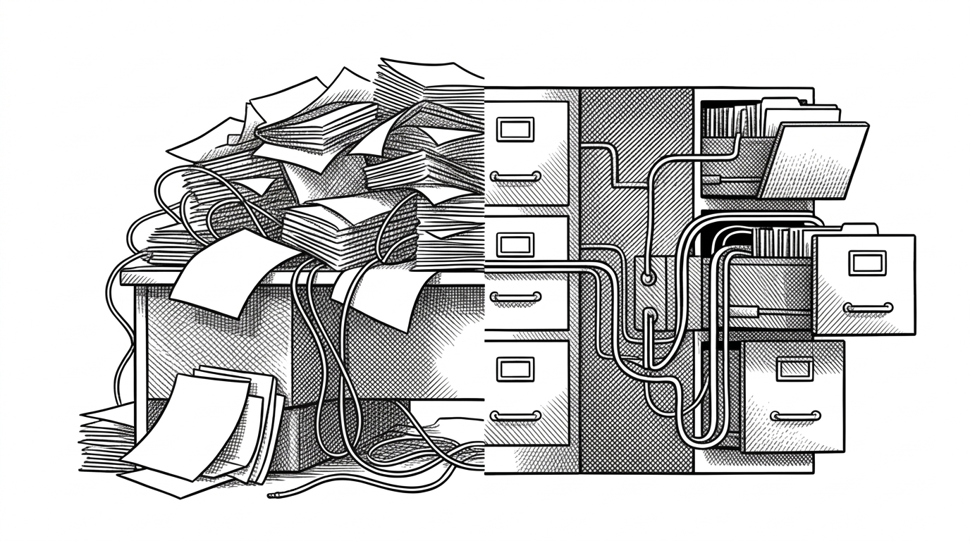 A split-screen illustration. The left side depicts a messy, towering pile of loose papers and tangled wires spilling off a desk. The right side depicts a neatly organized, interconnected mechanical filing cabinet with perfectly routed cables. This contrasts traditional messy scripts with the clean 'Util' pattern.