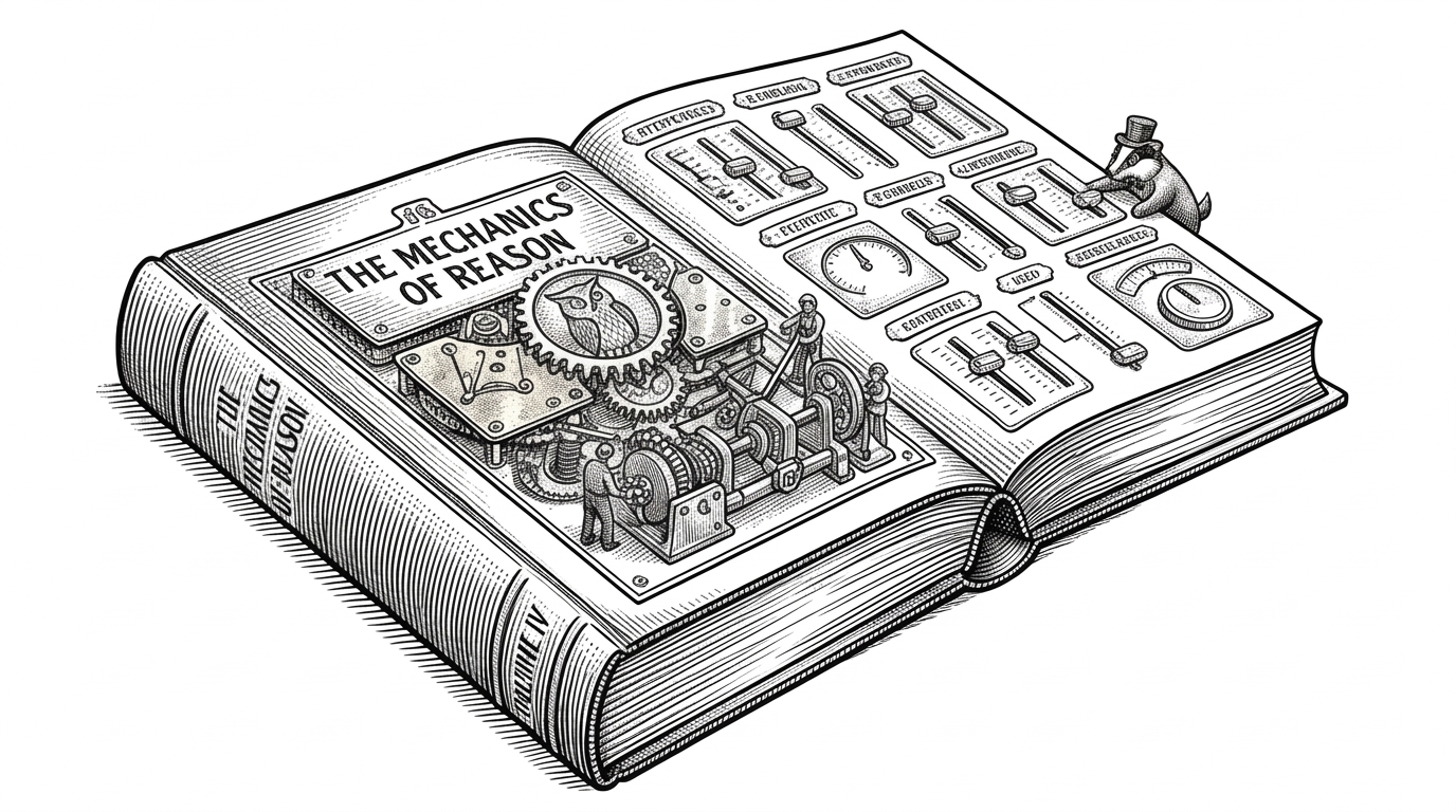 A classic textbook lying open, but instead of flat pages, the interior is a clean, organized mechanical apparatus with precise gears, clockwork, and interactive sliders. This illustrates the concept of a living, interactive, and executable textbook.