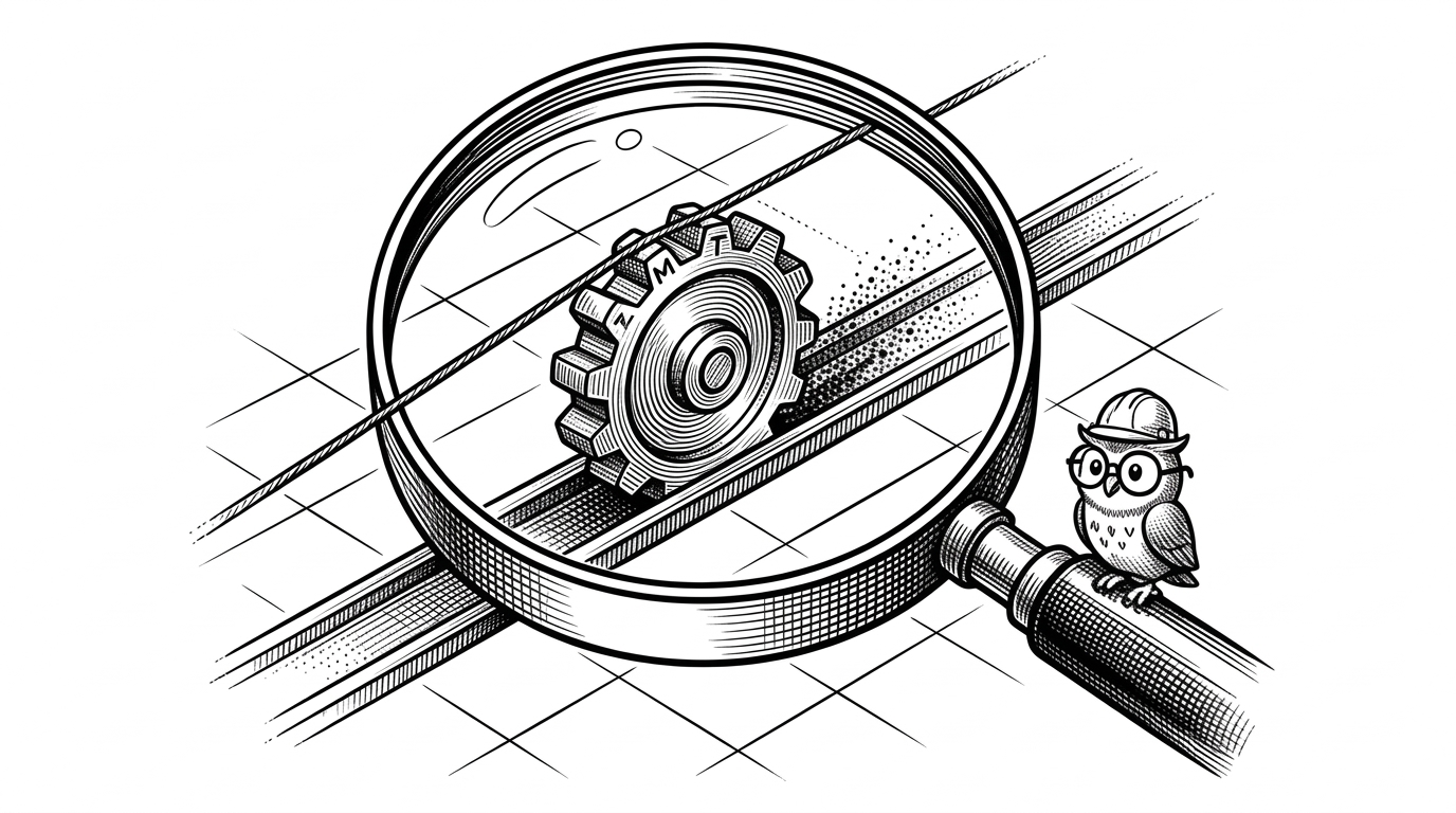 A close-up of a magnifying glass hovering over a grid, where a single mechanical gear on a metal track is pulled by a taut wire, leaving a trail of stippled ink dots. This visualizes the concept of an interactive root locus and history tracking.