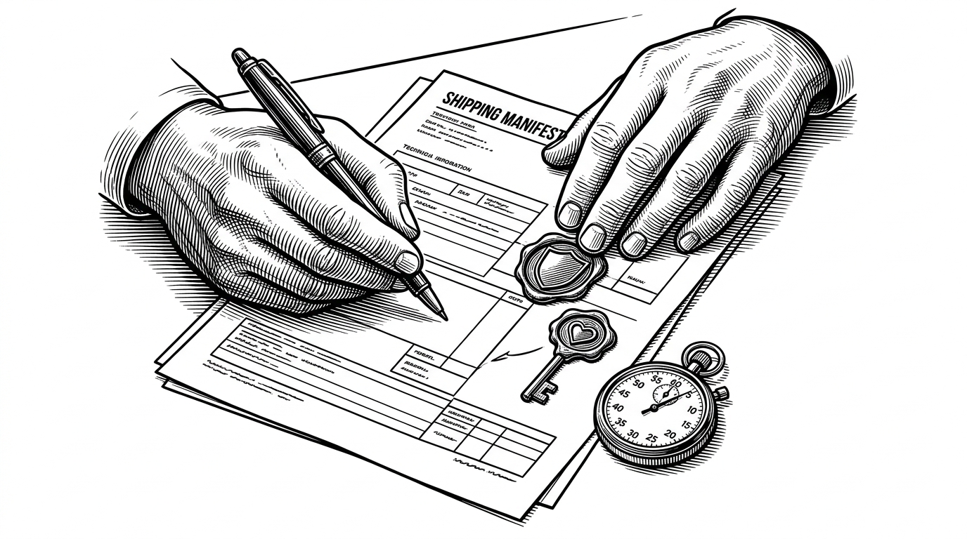 A close-up of a hand filling out a shipping manifest beside two distinct seals and a stopwatch. The scene explains the difference between upstream provider authorization and gateway authorization, with the wait instruction acting like a timed hold on the package.