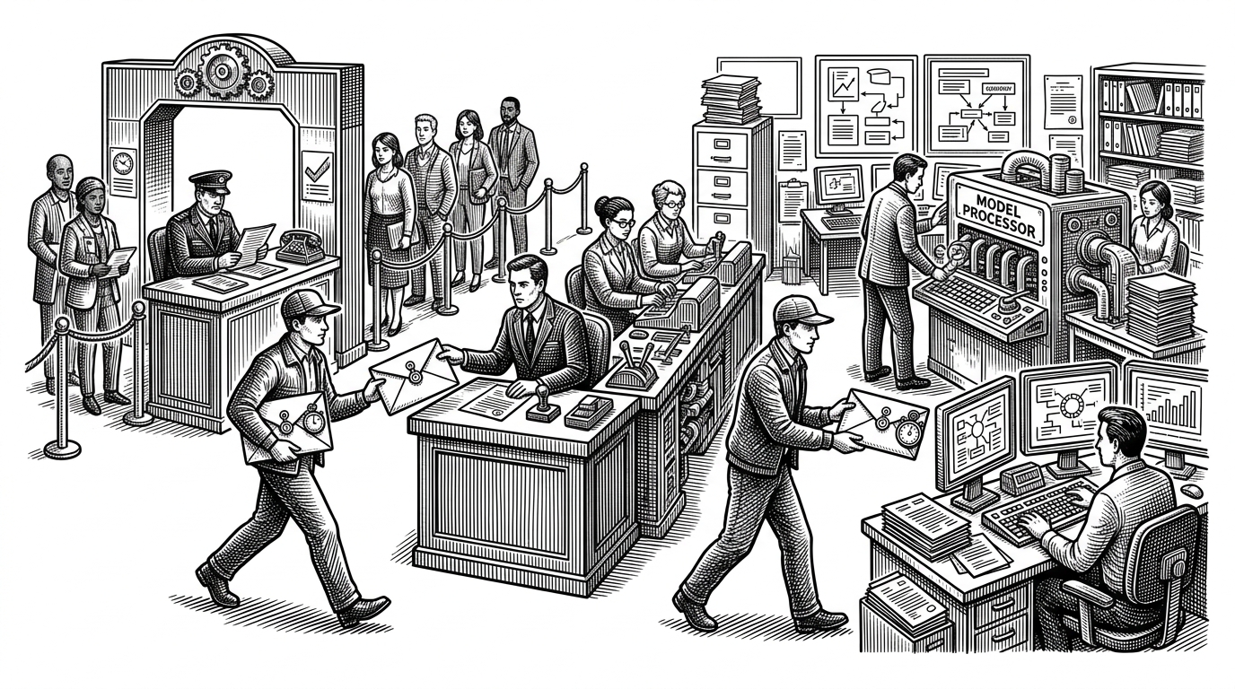 A courier carries a sealed request envelope through a checkpoint, then hands it off to a workstation on the far side. The scene explains how a gateway can reshape a request in transit without changing what the upstream service ultimately does.