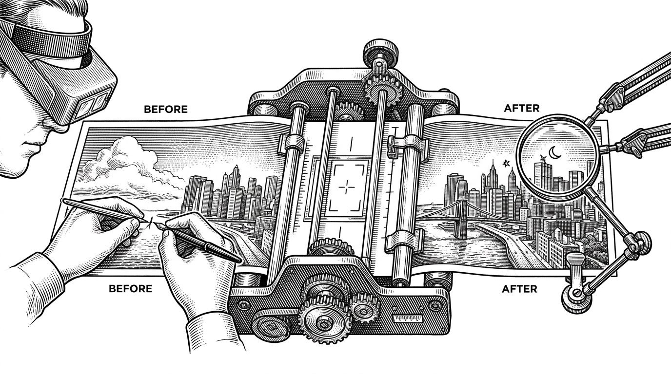 A source photograph is being fed through a precision machine while clamps hold the scene in place. A nearly identical image exits with one requested change, showing that the system edits an existing picture instead of rebuilding it from scratch.