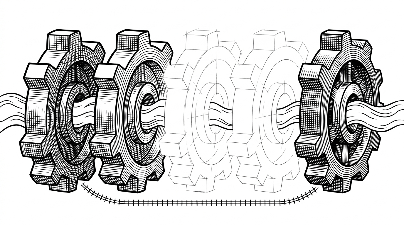 A close-up of a denoising mechanism shows a sequence of steps where some stages are fully engraved and others are only lightly traced. The image explains how the wrapper can reuse approximations inside the loop instead of recomputing every step in full detail.