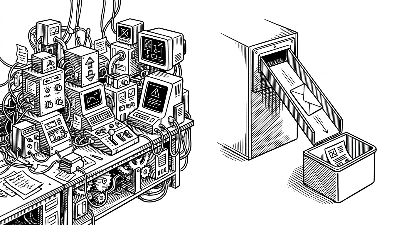 A split scene contrasts a cluttered workflow on one side with a single clean API path on the other. The comparison shows how the wrapper replaces many moving parts with one repeatable service call.