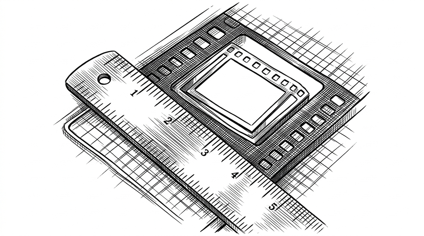 A close-up of a metal ruler, a film frame, and a smaller nested frame being expanded into a larger grid. It explains why the wrapper pads and rounds dimensions before inference so the model can process the video cleanly.