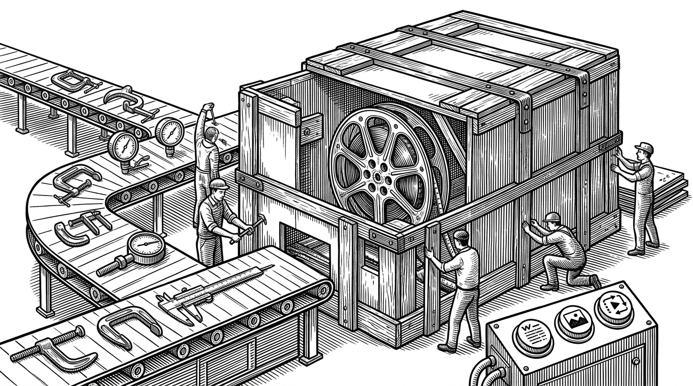 A black-ink editorial scene of a conveyor belt carrying a film reel toward a padded shipping crate while clamps, gauges, and measuring tools keep every piece aligned. It explains that the repo's real value is packaging, not the model headline itself.