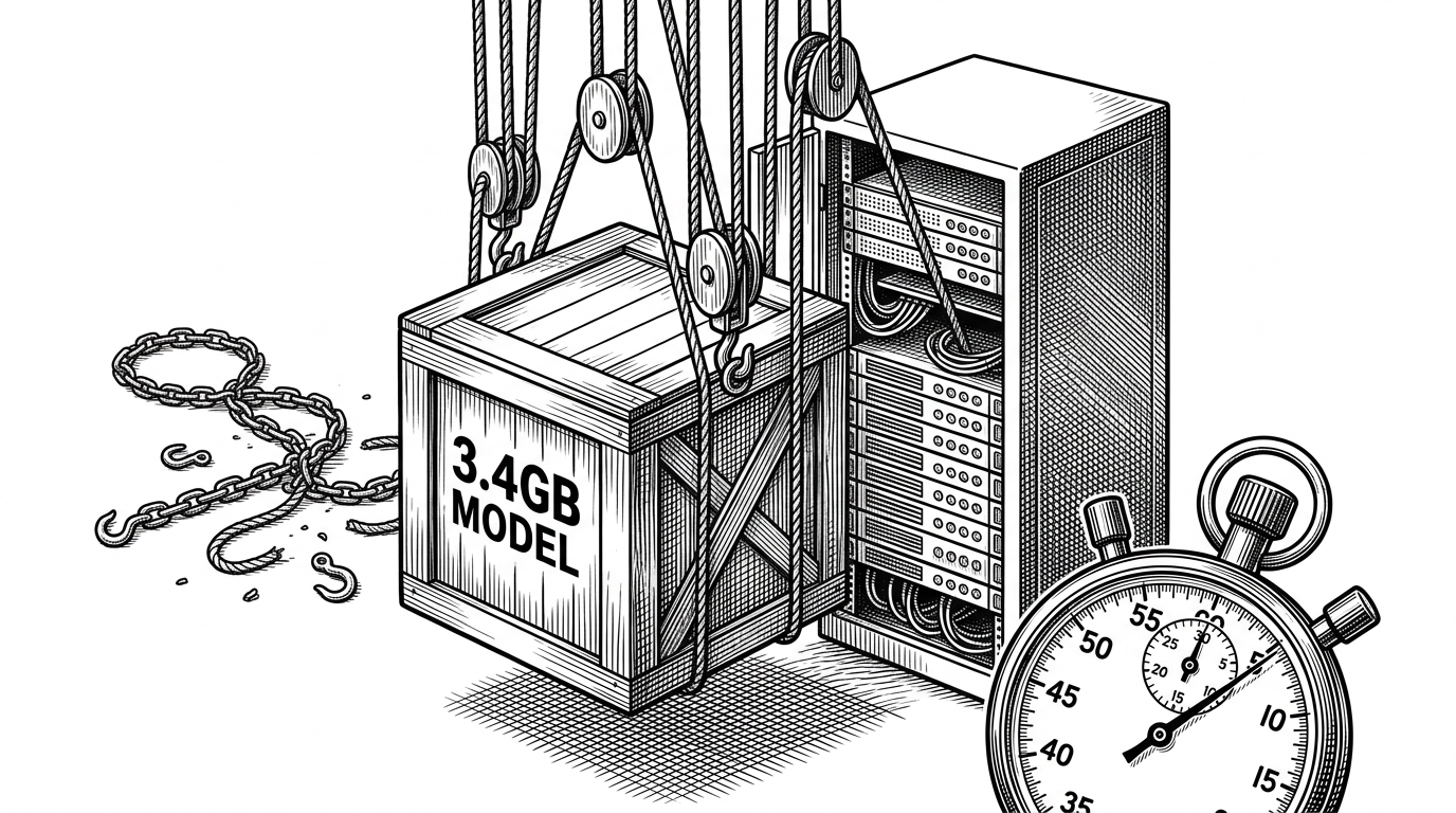 A huge archive crate labeled by its weight is lowered into a compact service box by parallel cables while a stopwatch points at a short startup window. The scene explains the article's core idea: the model is heavy, but the deployment path is engineered so the service still feels fast.