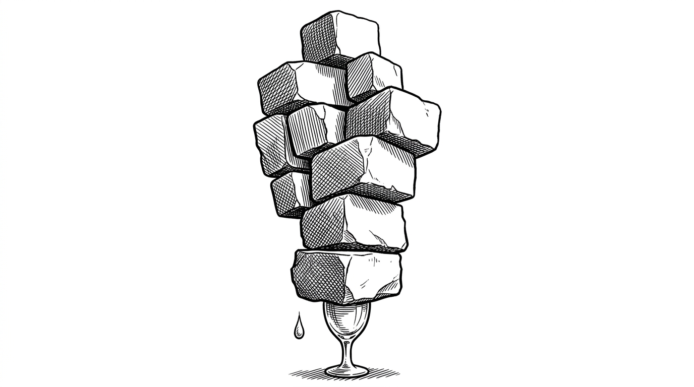 A towering, precarious stack of irregular heavy stone blocks balancing on a tiny, fragile glass pedestal, with a single drop of water suspended in mid-air about to strike the glass base.