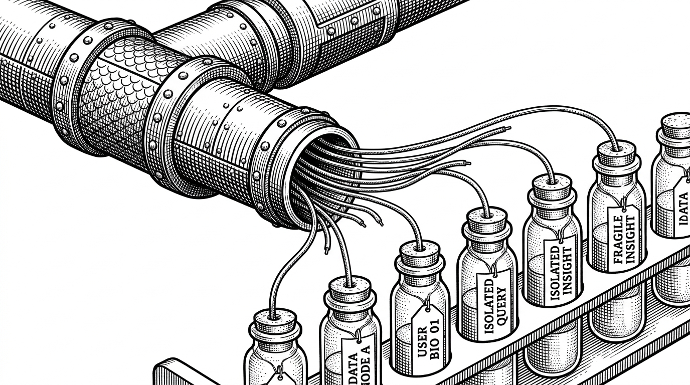 A close-up of a thick, armored industrial pipe splitting cleanly into several fine, glowing fiber-optic threads that plug directly into a row of delicate glass vials.