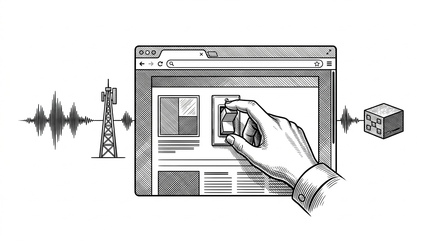 A browser window dominates a bright white page while a microphone waveform flows through a slim relay tower and into a model node. Inside the browser, a human hand flips a local switch, showing that the cloud carries the voice loop but the page performs the action.