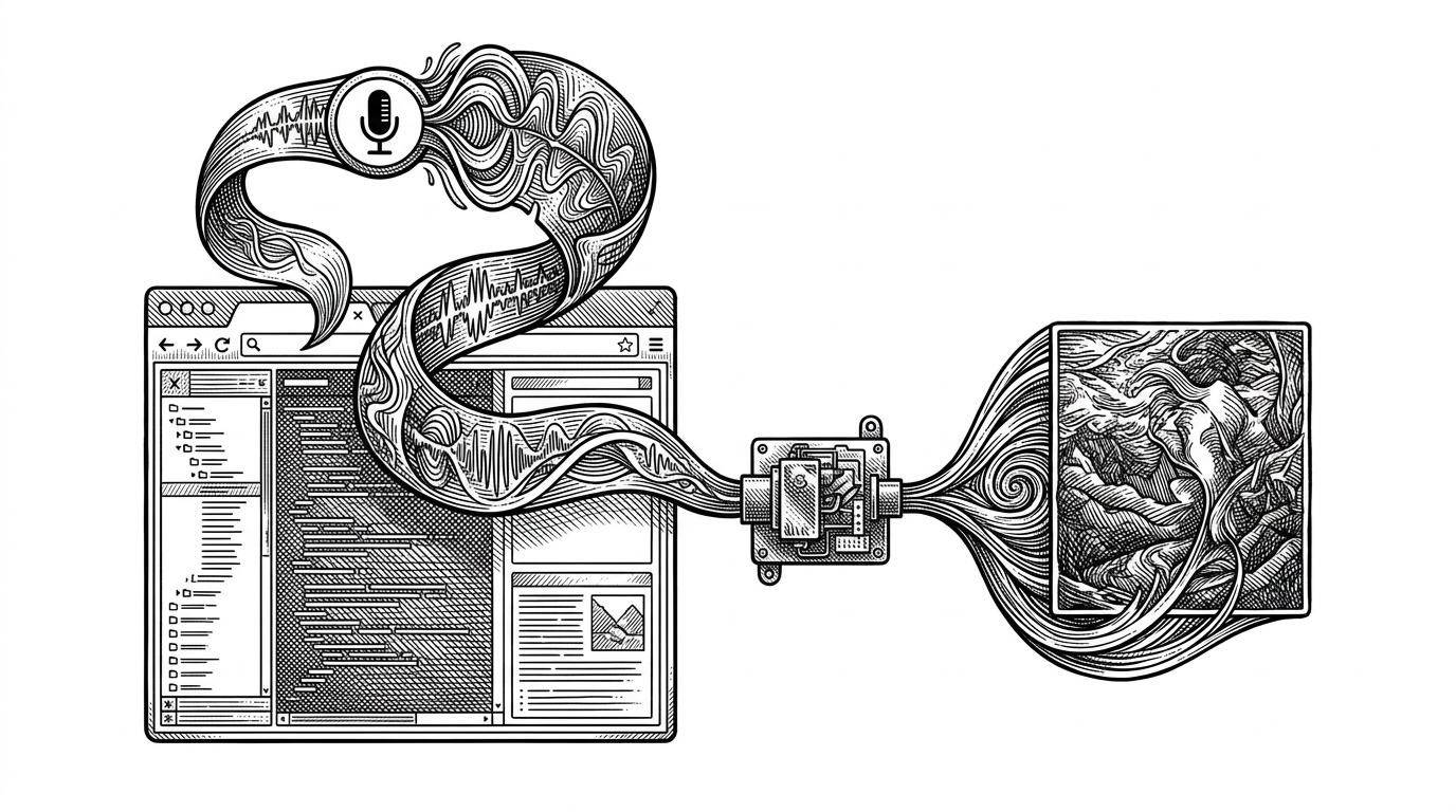 A spoken command rises from a browser as a speech ribbon, condenses through a small relay, and becomes a fresh image tile inside the same page. The picture shows voice becoming a direct command surface for model generation.