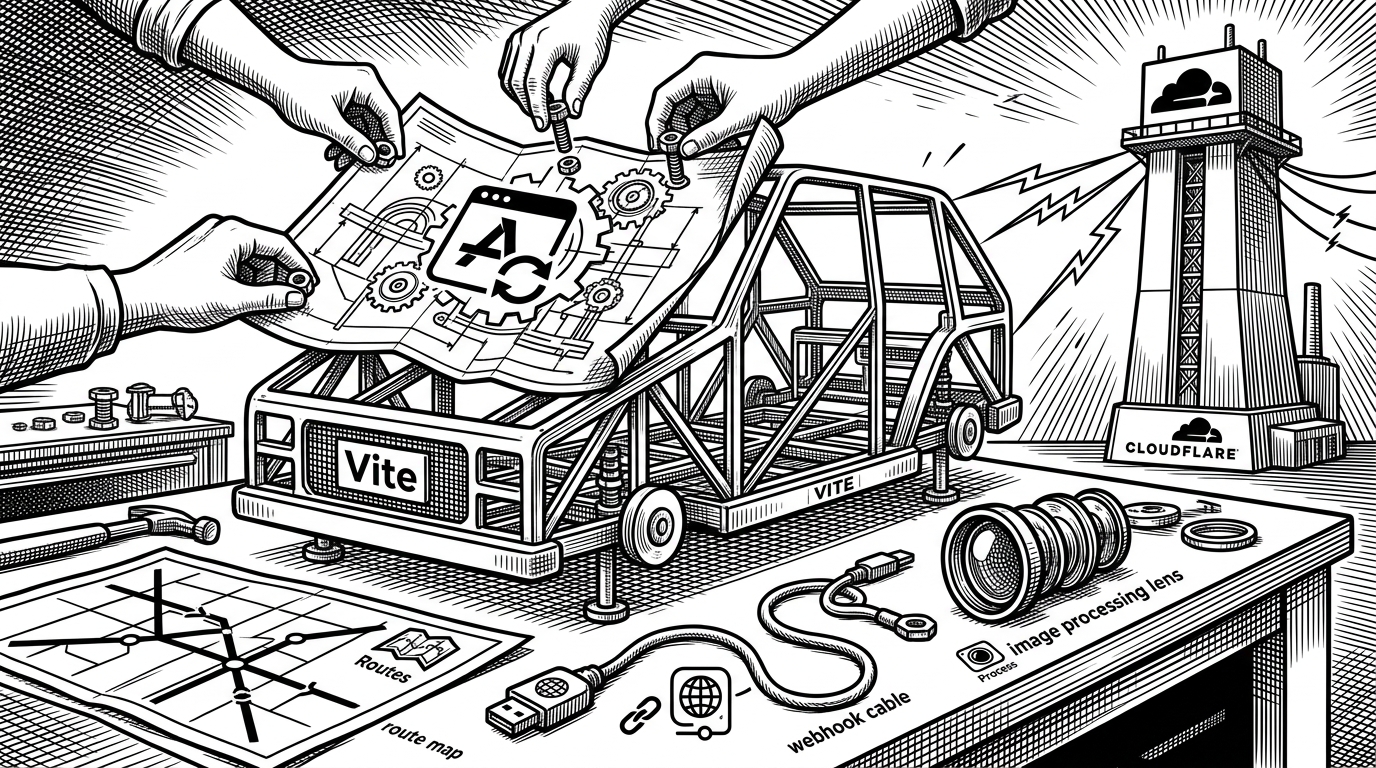 A wide workshop scene shows a familiar web app blueprint being mounted onto a lighter chassis beside a tall edge tower. The image visualizes the article's thesis that the front-end experience stays recognizable even when the runtime changes.
