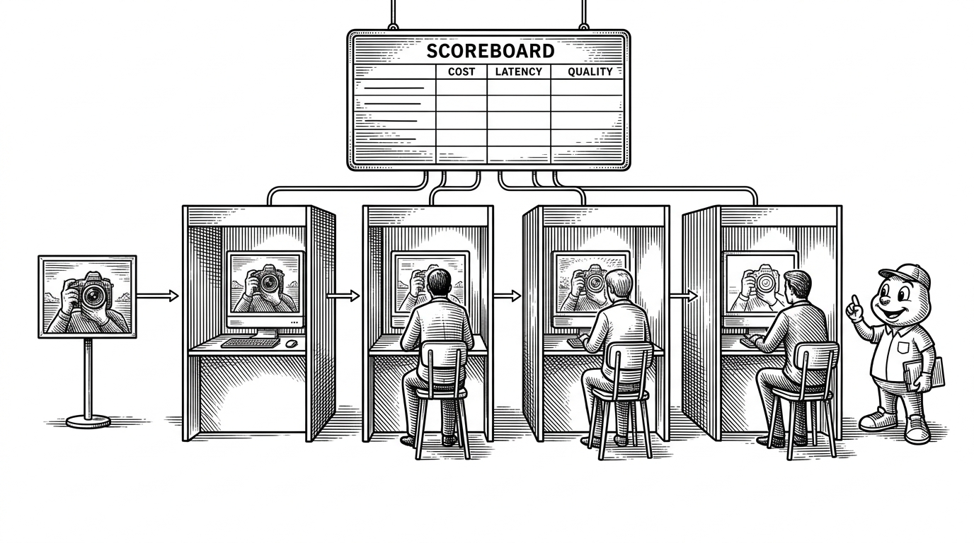 A wide editorial scene shows one source image split into several model booths, each booth producing a different edit from the same input. A small scoreboard above the booths compares cost and latency, which makes the image feel less like a generator and more like a competition.