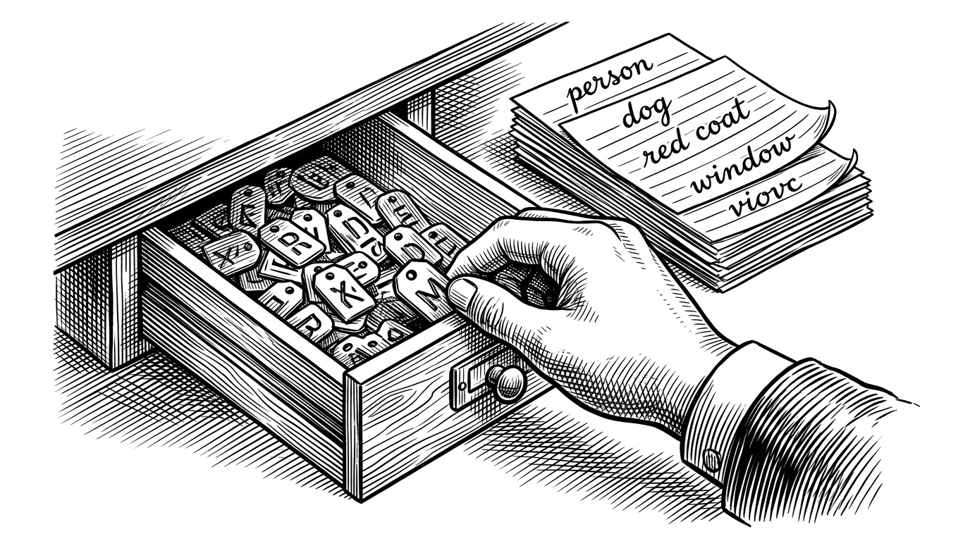 A small labeled token tag is being pushed aside while a stack of handwritten caption cards takes center stage. The scene explains the article's core idea: Qwen-Image personalization works less like inventing a secret code and more like steering the model with ordinary language.