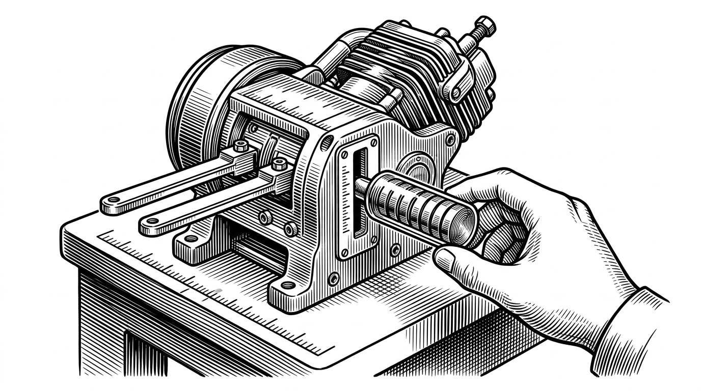 A compact mechanical machine receives a sealed weight cartridge and locks it into a larger engine with a precise click. The image explains how the predictor reconstructs a trained LoRA and overlays it on the base model at inference time.
