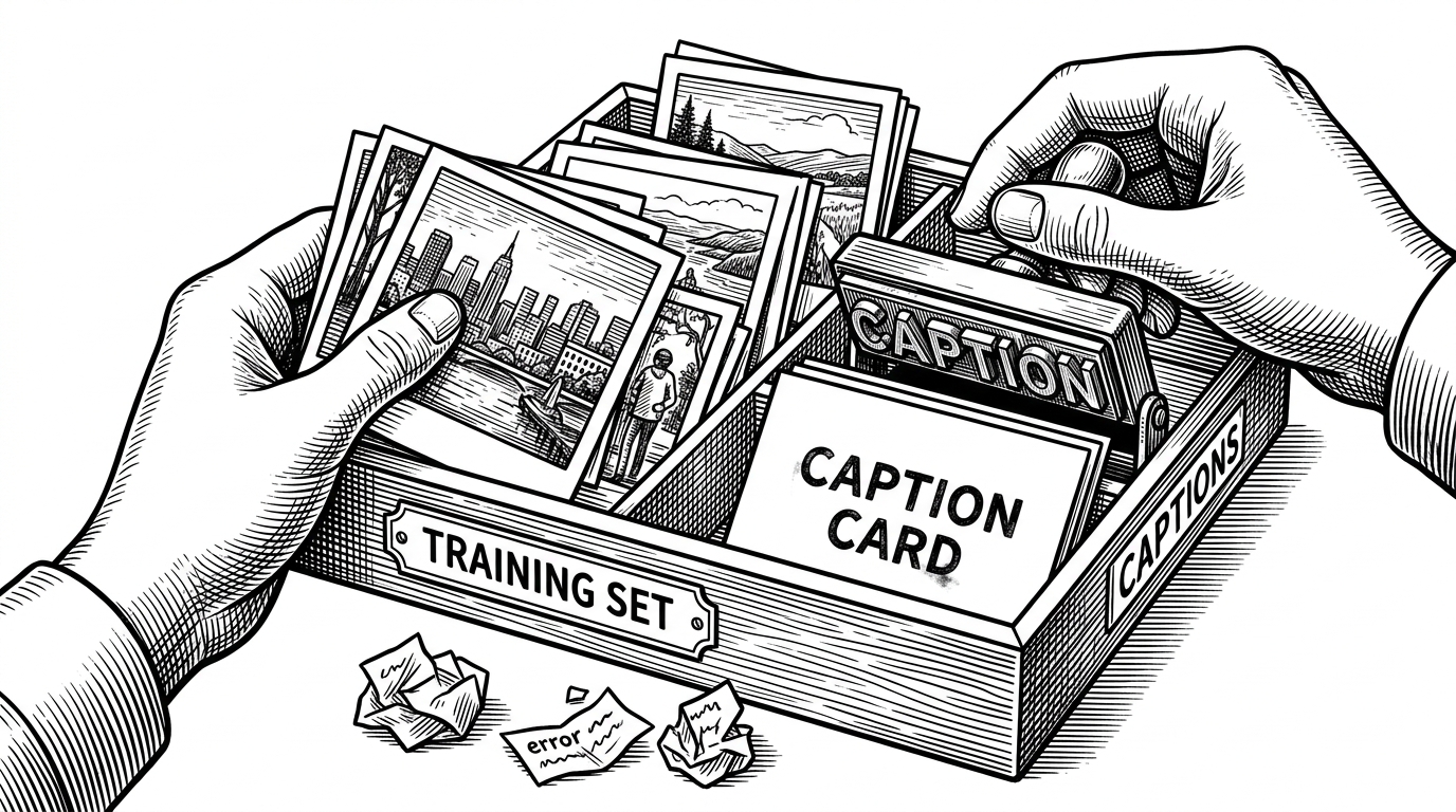 A close-up view of a folder being sorted into image files and caption notes, with a missing note replaced by a stamped default card. The image explains how the trainer converts imperfect uploads into a clean training dataset without stopping for manual repair.