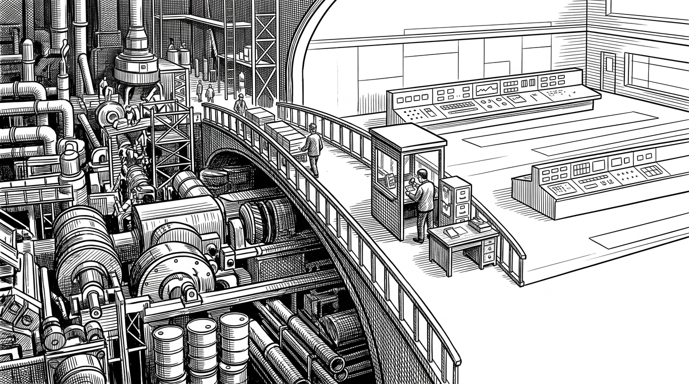 A wide customs-style bridge sits between two giant machine rooms. The left side feels dense and changeable, while the right side is orderly and grid-like, showing that the adapter translates and validates requests before they cross. The scene explains why runtime discovery matters more than a fixed wrapper.