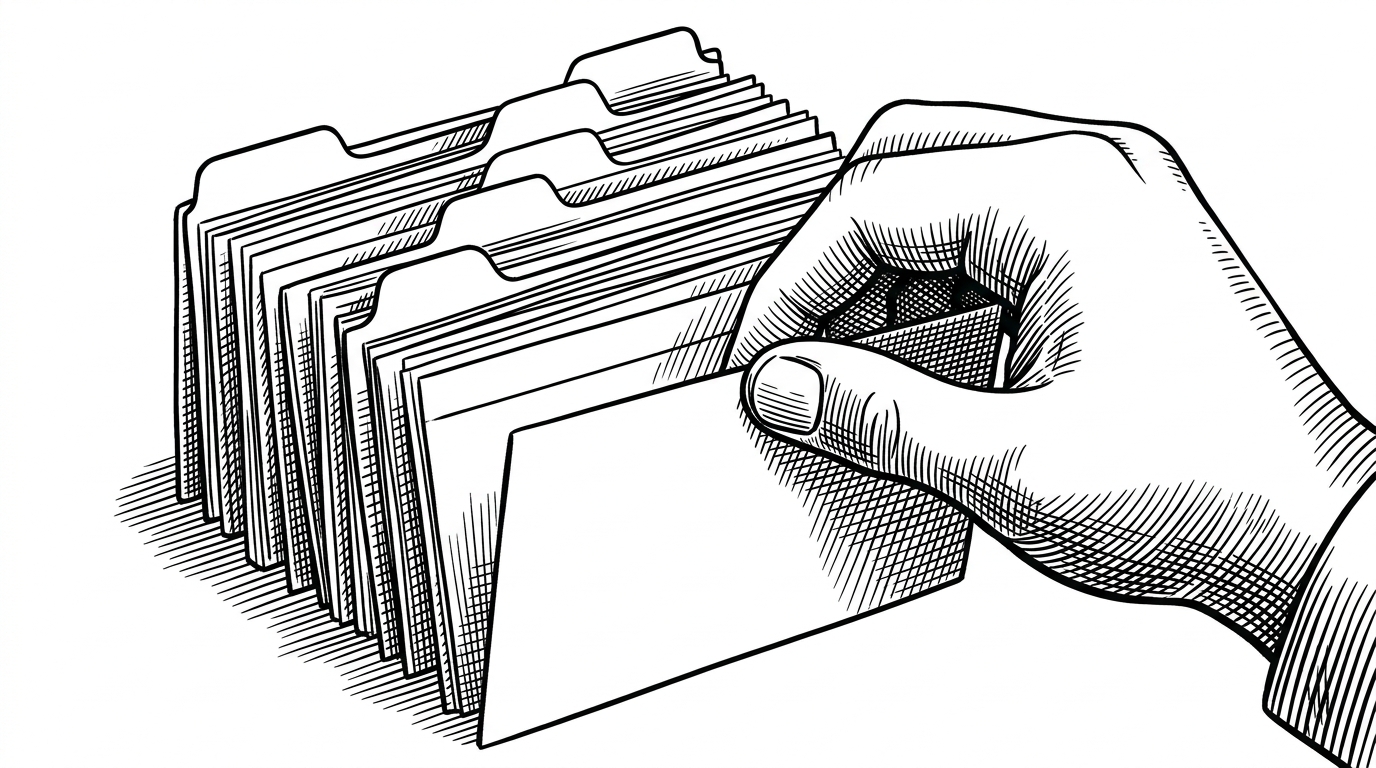 A close-up view of index cards being sorted into a precise stack by a hand. The cards have different tab sizes and positions, suggesting that field order is being discovered rather than assumed. The image explains runtime schema discovery and ordered input mapping.
