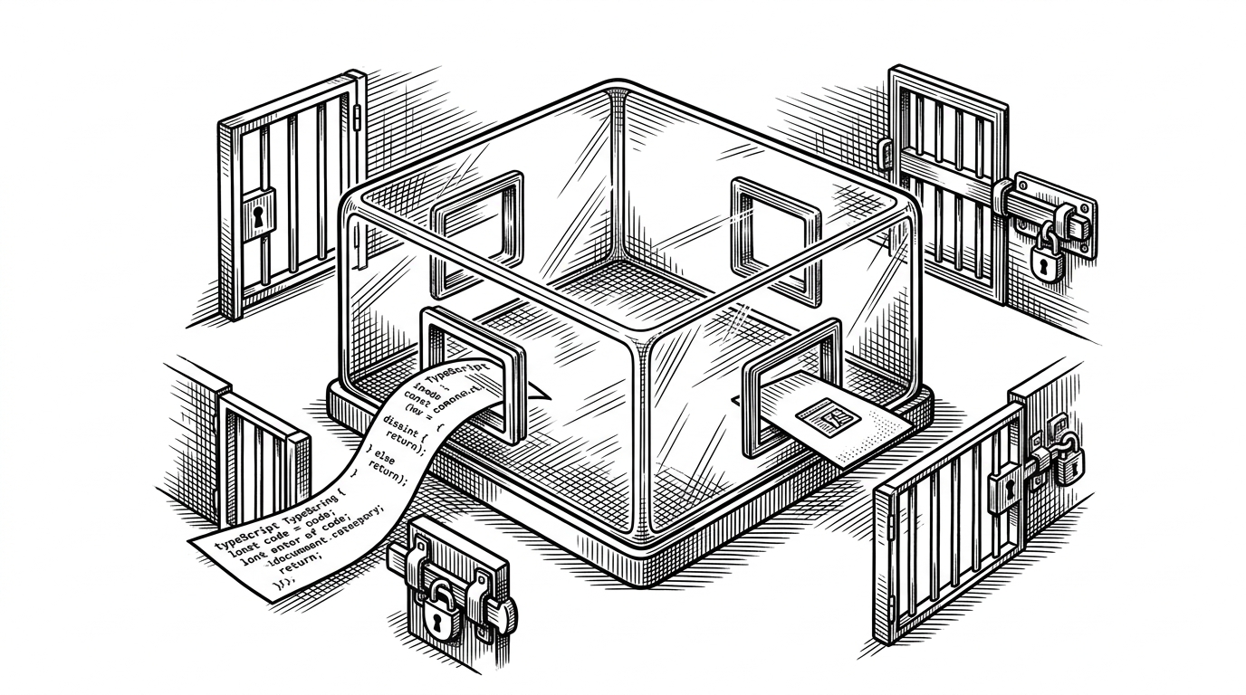 A sealed glass chamber contains a strip of TypeScript entering from one side and a finished artifact leaving from the other. Around the chamber are locked gates for file access, network access, and system access. The image explains how sandboxing makes model-written code safer to execute.