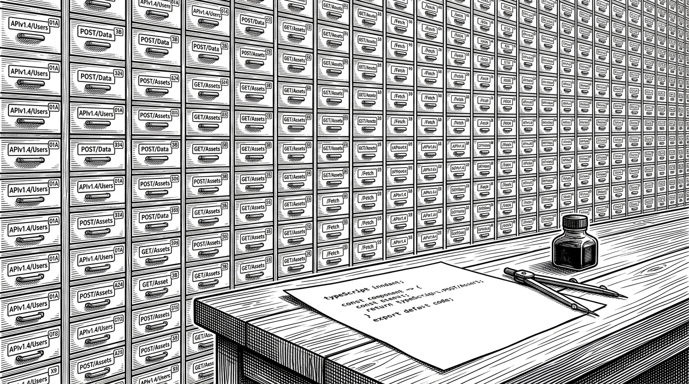 A vast wall of tiny drawers stands behind a sparse workbench. In front, a single sheet of TypeScript and a drafting compass replace the need to open dozens of compartments. The scene explains the article’s core idea: large APIs stop feeling manageable when every endpoint becomes its own tool.