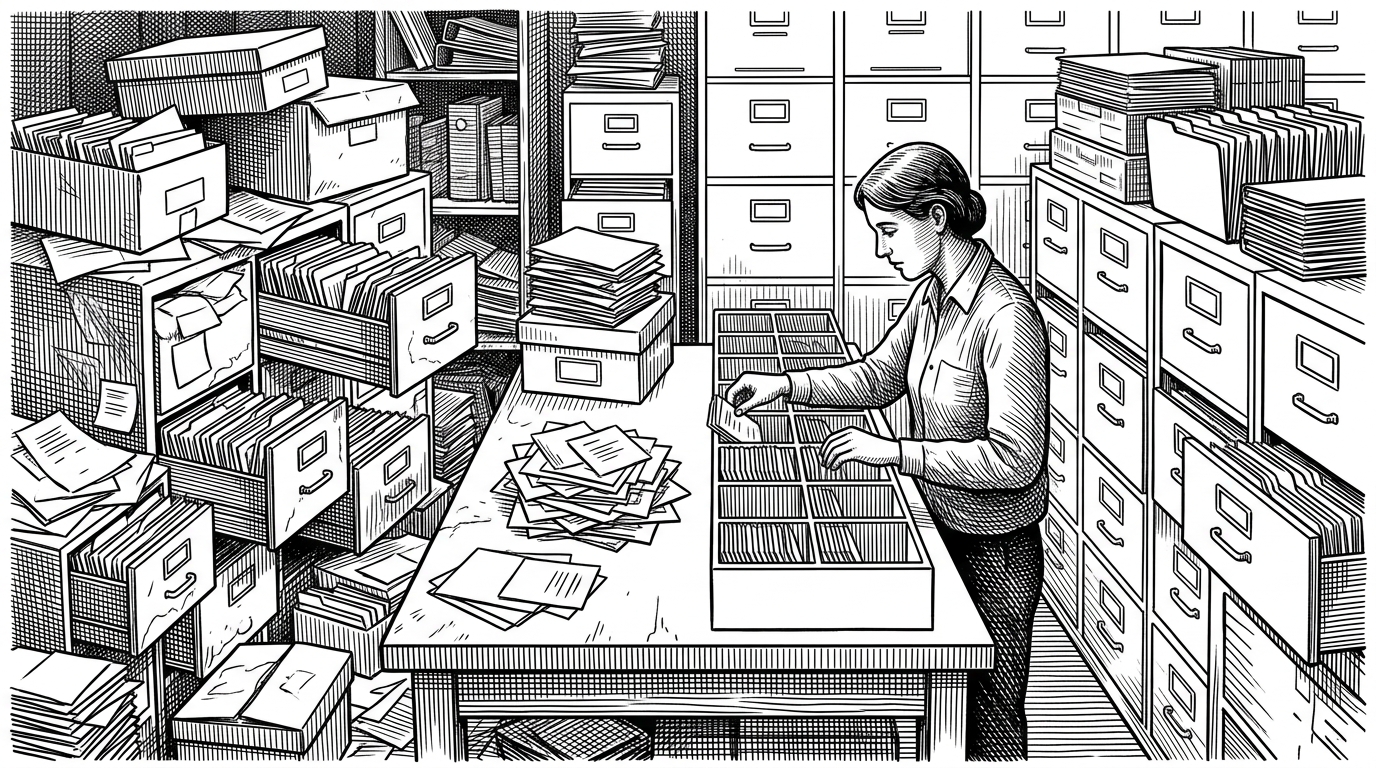 A lone librarian sits inside a vast archive of unlabeled model boxes and filing drawers, sorting messy cards into tidy compartments. The scene explains the repo's core idea: use AI to normalize chaotic model metadata into a durable taxonomy.