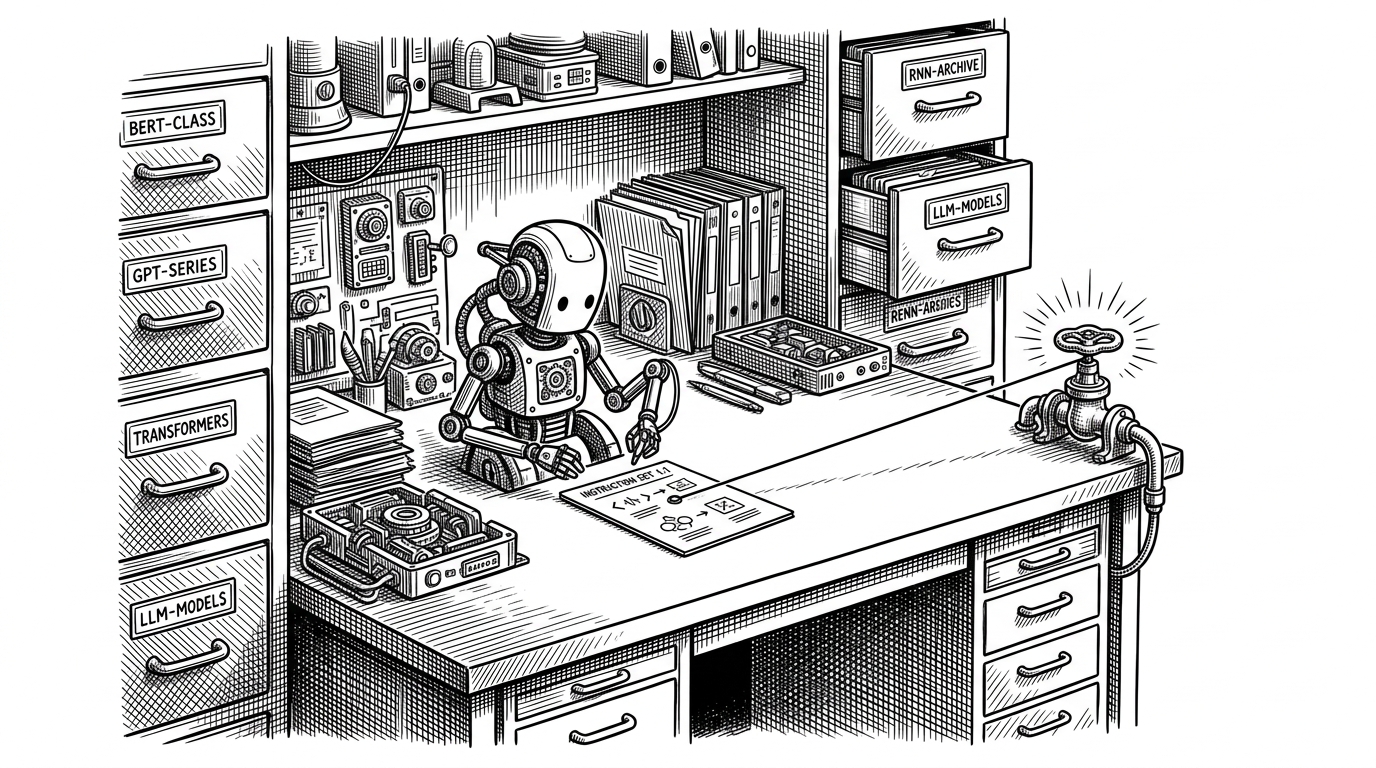 A lone agent sits at a workbench surrounded by many closed drawers labeled like model families. A slim instruction card is tied to a live API endpoint, showing that the useful knowledge lives in the skill, not in a pile of wrappers.