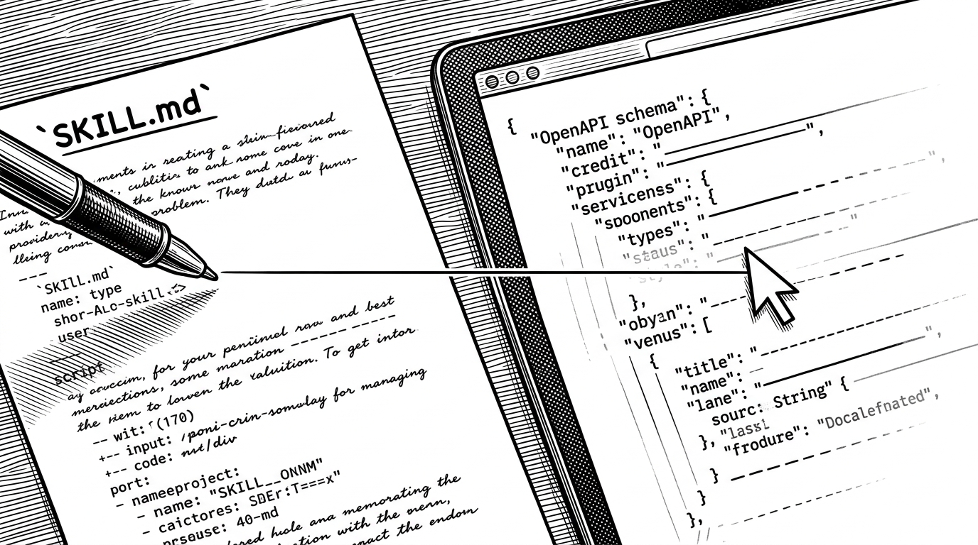 A close-up of a skill page beside a live schema sheet that appears to refresh itself. The two pages are connected by a pen and a cursor, illustrating how the agent checks the current contract before it acts.
