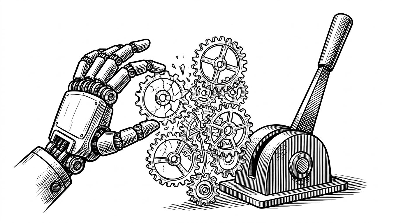 A complex, fragile cluster of glass gears representing a web API cracking under the pressure of a mechanical robot hand, contrasted with a solid steel industrial lever.
