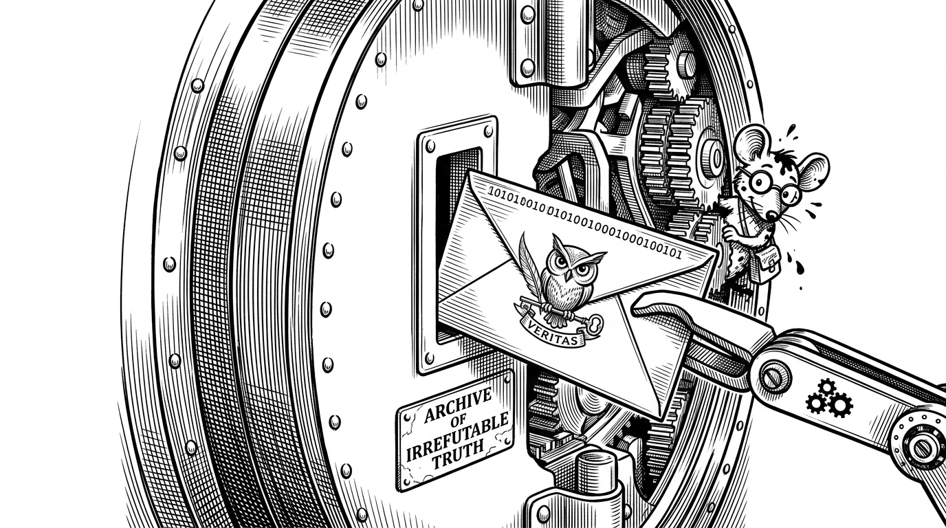 A close-up of a massive steel bank vault door with a single mail-slot. A mechanical pincer is sliding a rigid metal envelope through the slot, while the vault's internal locking mechanisms are sealed off.