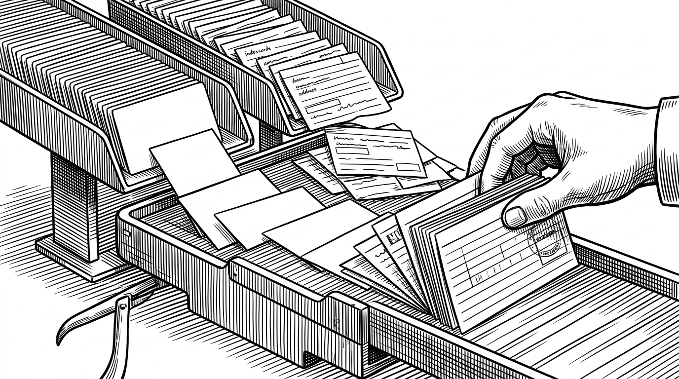 A close-up editorial scene shows two trays feeding a dossier assembly line. One tray labeled RDAP drops in neat structured cards, while a WHOIS tray drops in messy index cards with a few missing fields. A careful hand sorts and merges them into one complete file. The image explains how structured and unstructured data are reconciled into a single result.