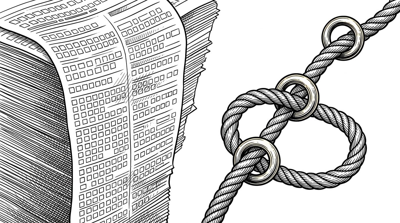 A split composition. On the left, a rigid, towering bureaucratic paper form with hundreds of tiny, identical square boxes. On the right, a fluid, woven thread of thick rope passing cleanly through a series of distinct brass rings. This contrasts rigid GUI forms with fluid conversational state machines.