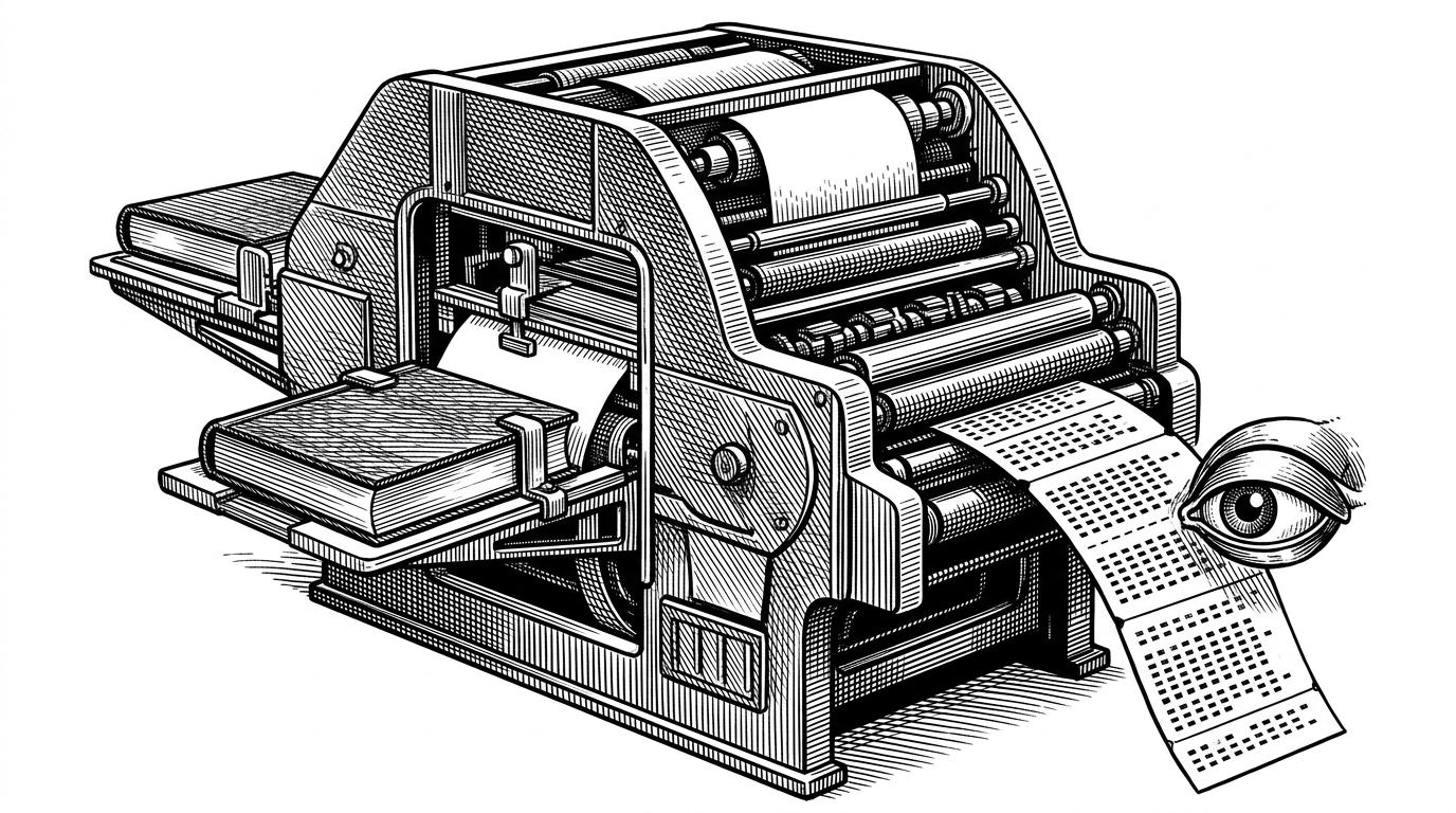 A massive industrial printing press where hardcover books are fed into the machine, outputting glowing structured punch-cards read by a robotic eye. This illustrates the concept of compiling static knowledge into executable machine logic.
