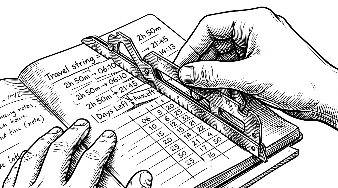 A close-up editorial illustration shows raw flight-time strings being cut into neat columns by a drafting tool. It explains how parsing turns human-readable travel text into numeric fields that a regression model can learn from.