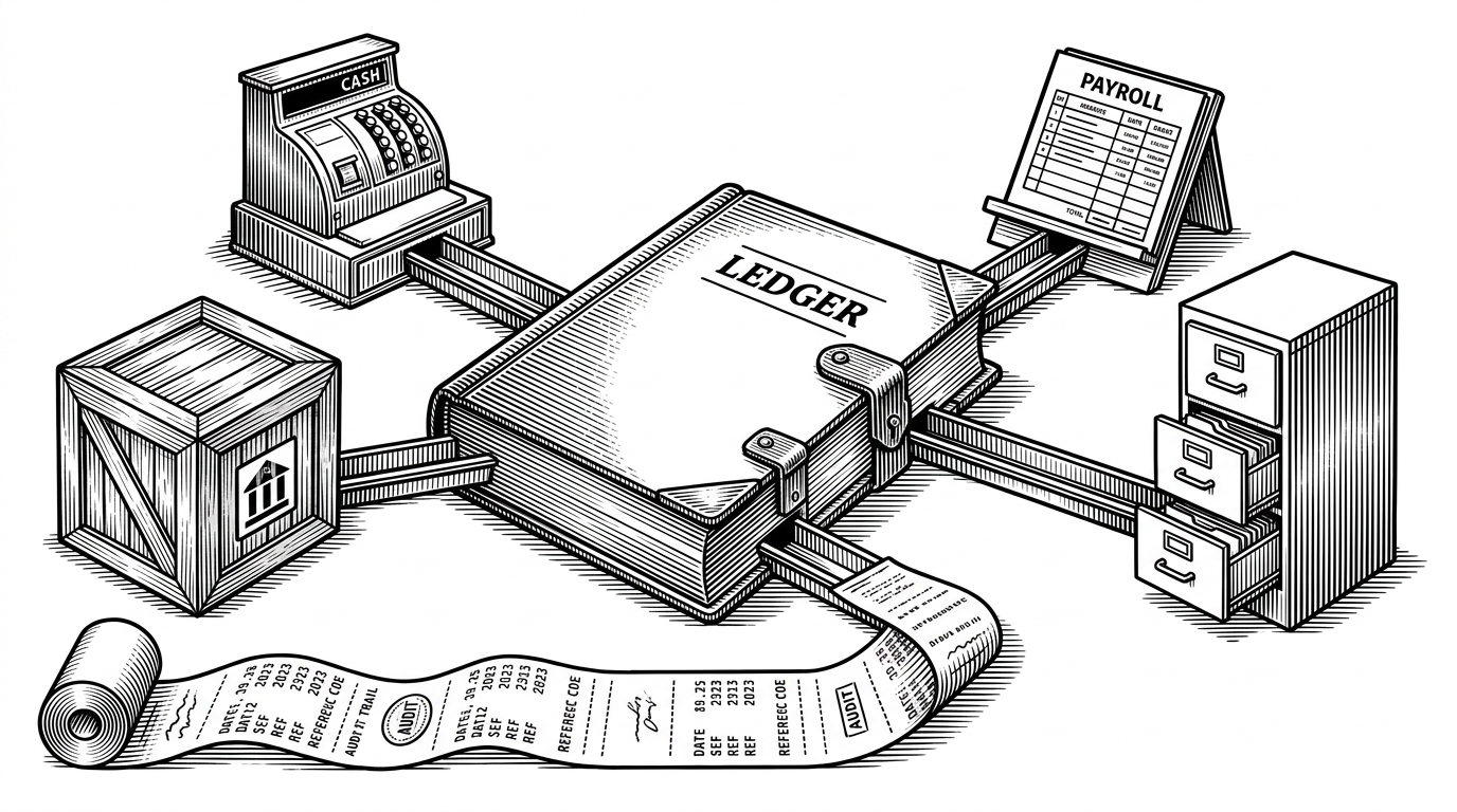 A wide editorial scene of a locked ledger at the center of several business modules feeding into it through narrow chutes. The image explains that the system treats ERP as controlled coordination, not loose CRUD spread across unrelated screens.