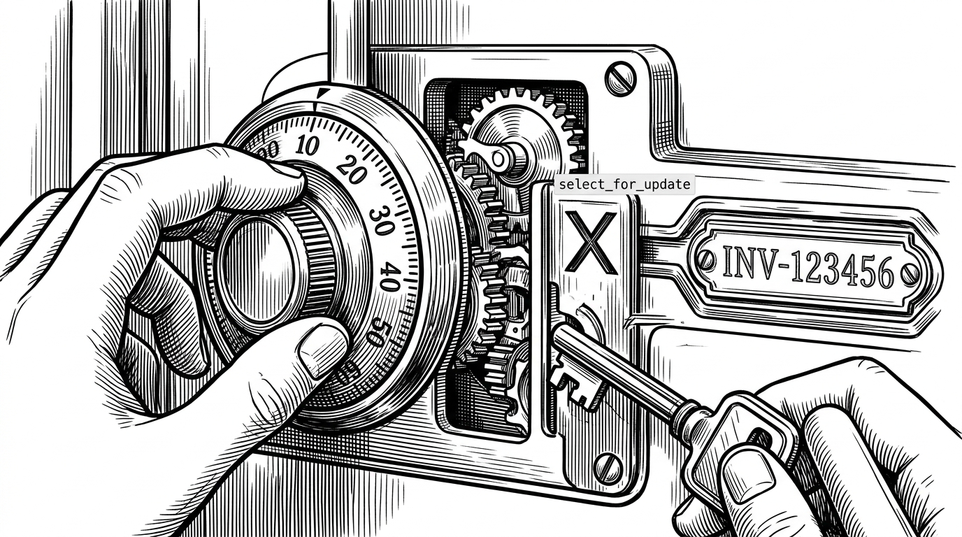 A close-up mechanical scene of hands turning a metal dial on a vault lock while a duplicate key fails to fit another slot. The image explains how row locking prevents duplicate sequence numbers during concurrent writes.