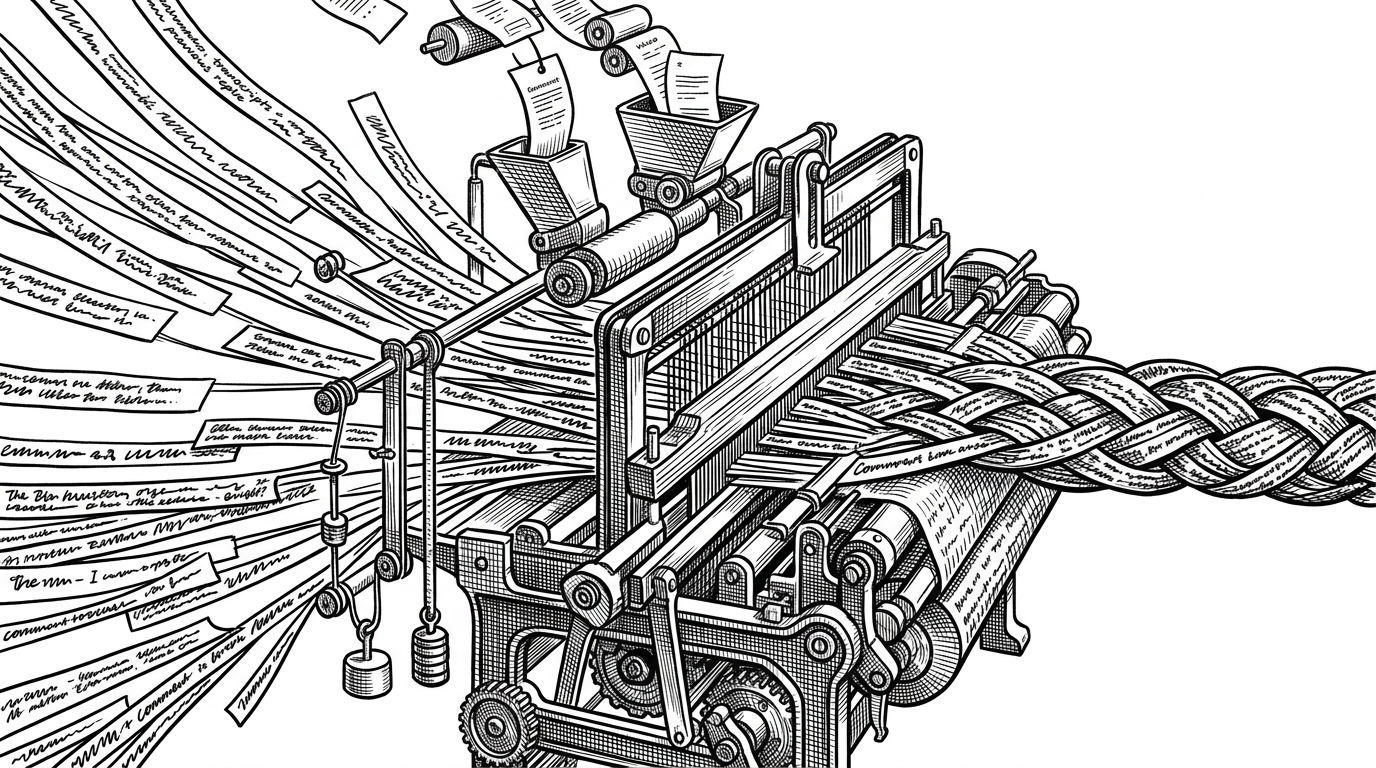 A close-up editorial illustration shows flat comment rows entering a loom-like machine and being woven into a single threaded conversation. Labels for transcript, metadata, and prior replies feed into the loom from above. It explains that the system classifies and reconstructs context before it asks the model to write anything.